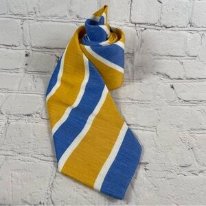 Paul Stuart Blue/Yellow/White Wide Stripe Silk And Linen Blend Tie